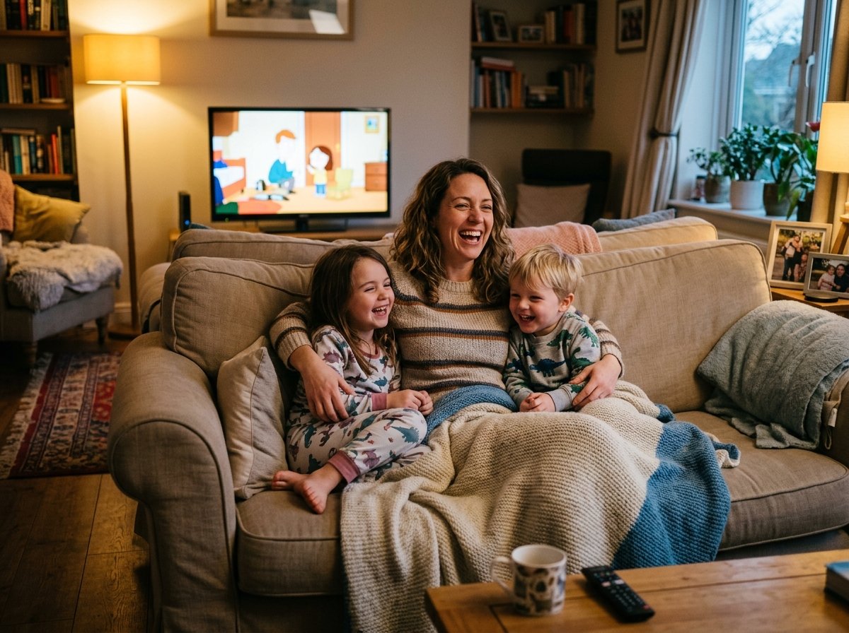 Mother and children watching TV in comfortable living room