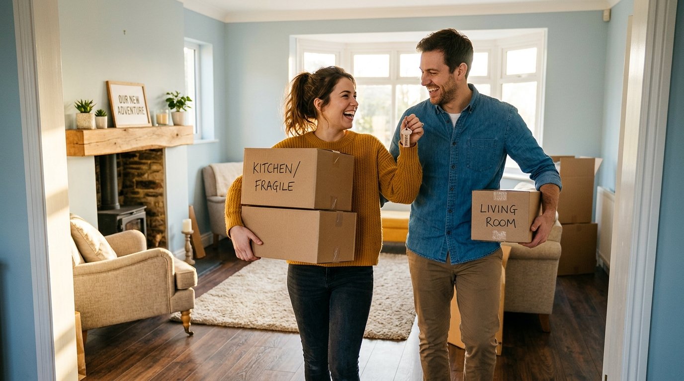 Couple moving into new home happily